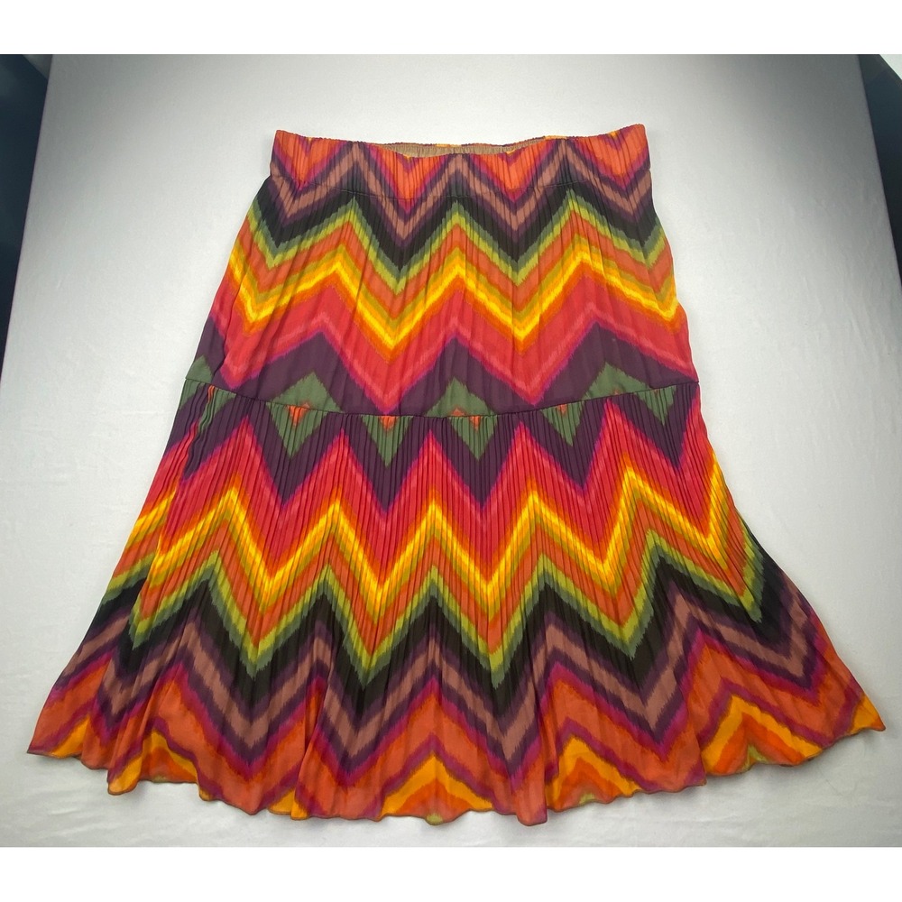 Sunny Leigh Chevron Pleated Midi Skirt Orange Purple Zig Zag Chiffon Womens L